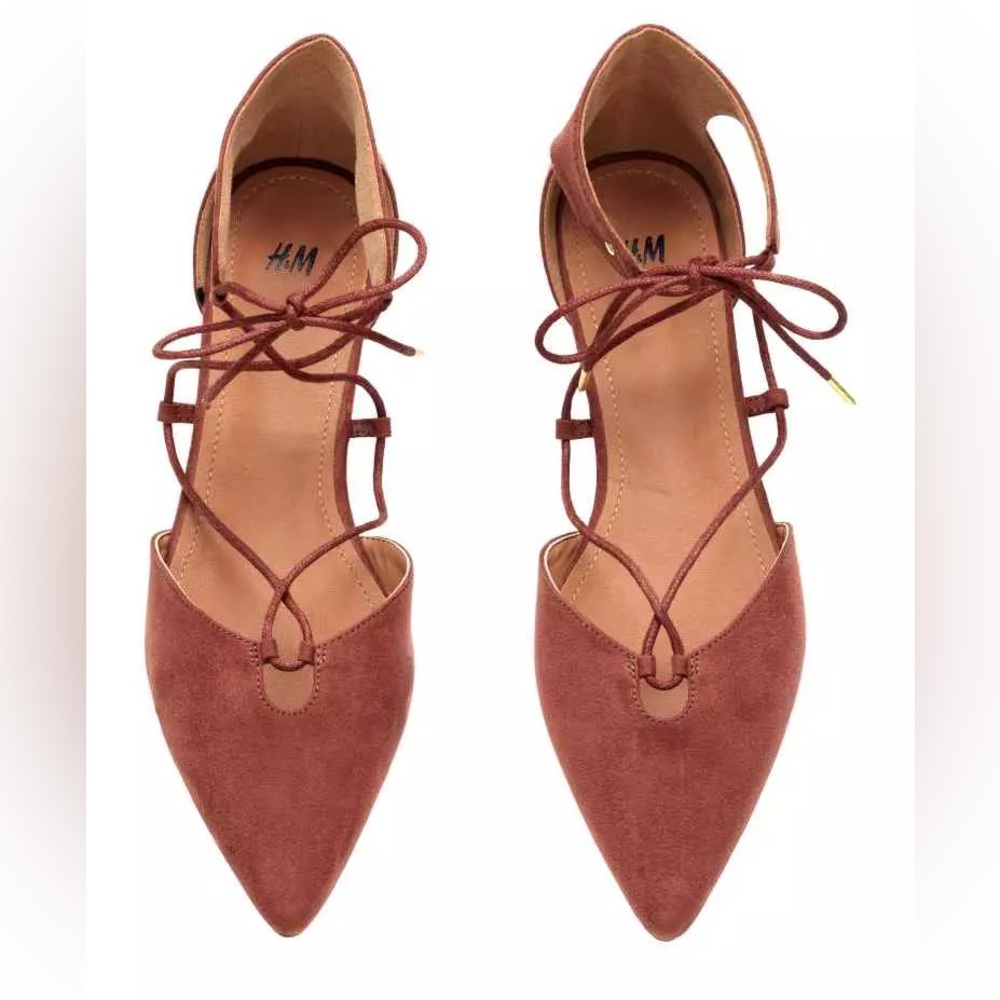 H&M Brown Suede Pointed Toe Lace Up Ballet Flat Sandals Lace-Up Pointed EUR 36